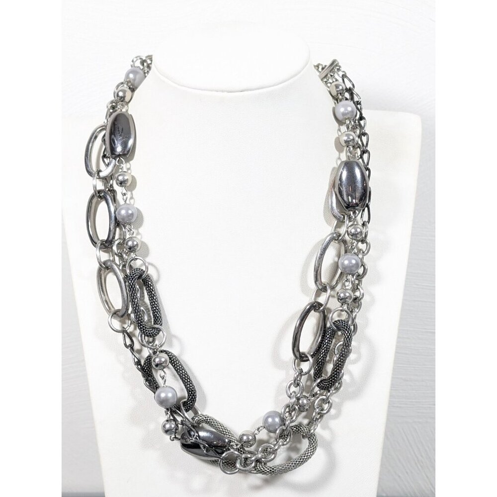 Silver Tone Multi Chain Faux‎ Pearl Gray Modernist Whimsigoth Statement Necklace